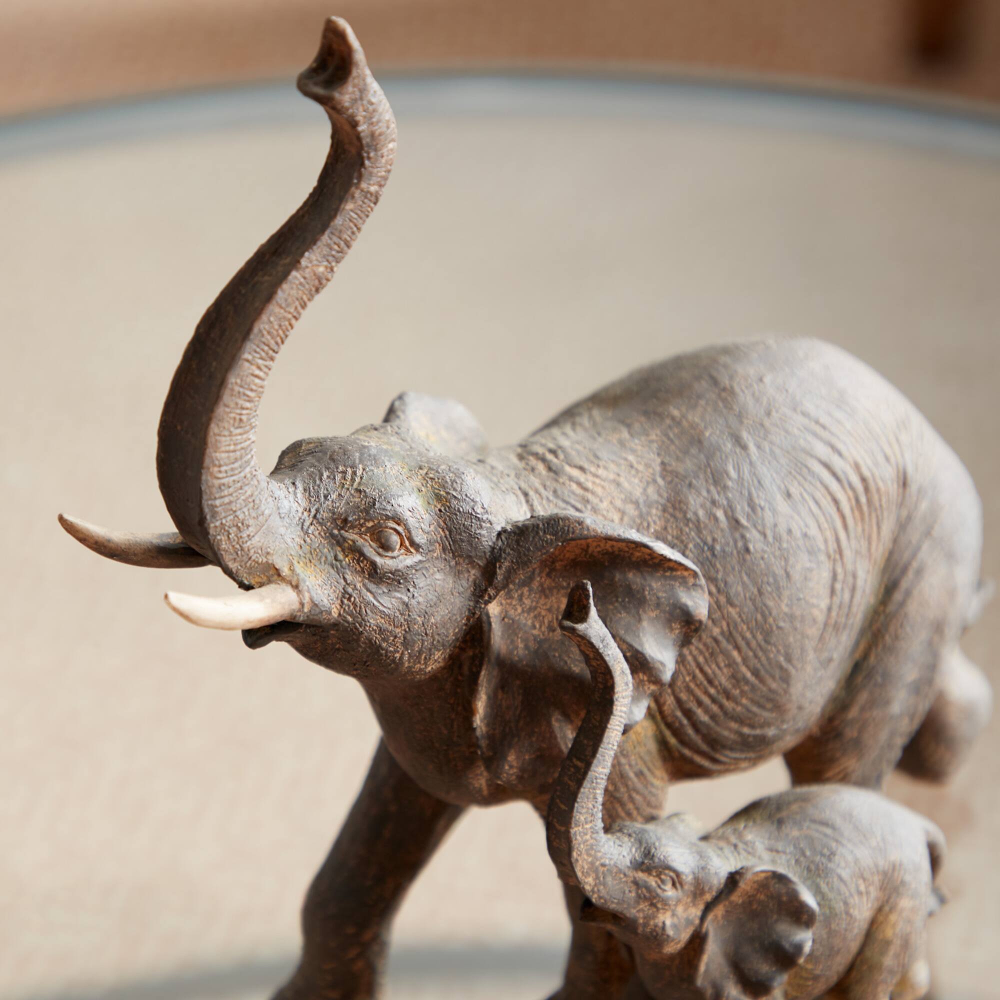11" Brown Eclectic Polystone Elephants Sculpture